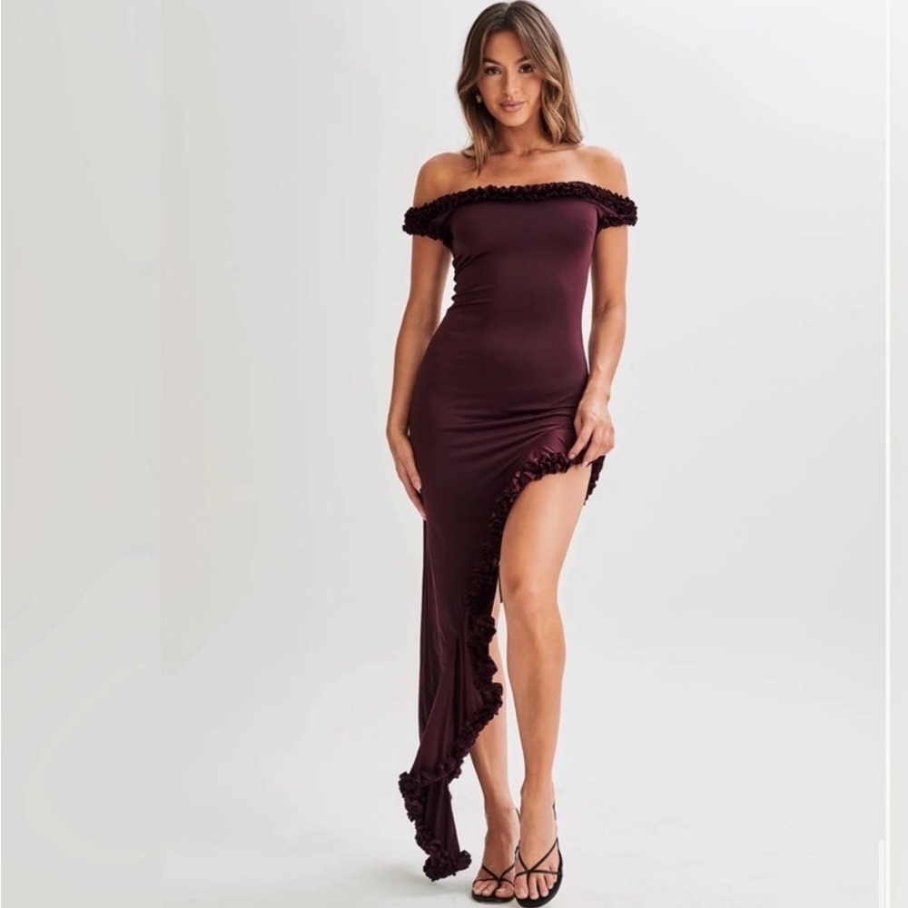 Meshki Off-Shoulder Asymmetrical Ruffle Maxi Dress in Burgundy